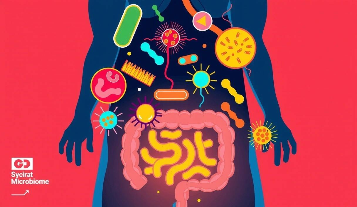 Illustrazione di un microbioma intestinale con batteri benefici e nocivi, in un ambiente stilizzato che rappresenta l'intestino umano.
