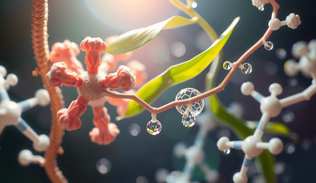 Illustrazione scientifica di molecole e cellule combinate con elementi naturali, che trasmette conoscenza e salute.