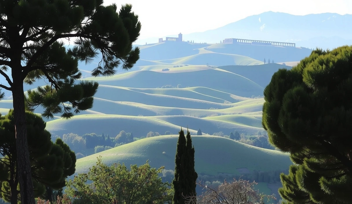 Serene natural landscape with subtle Italian architecture