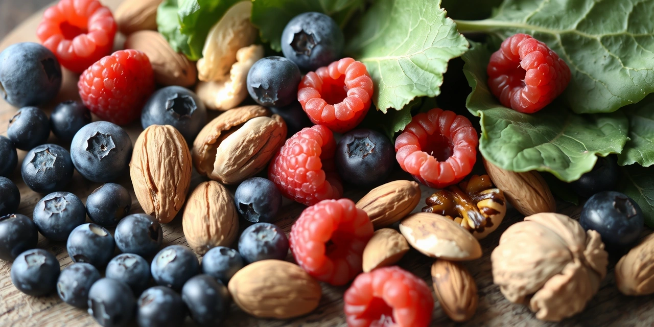 Array of colorful, natural ingredients like berries, nuts, and leafy greens, with a sense of abundance.