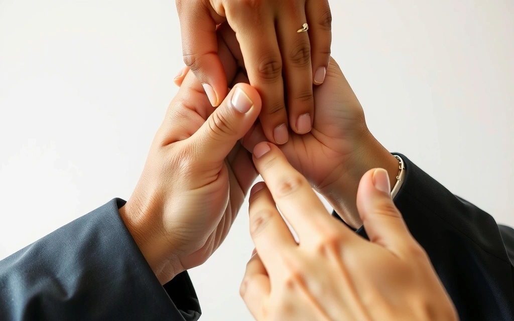 Tre mani che si uniscono in un gesto di collaborazione, simbolo di accordo e rispetto reciproco.